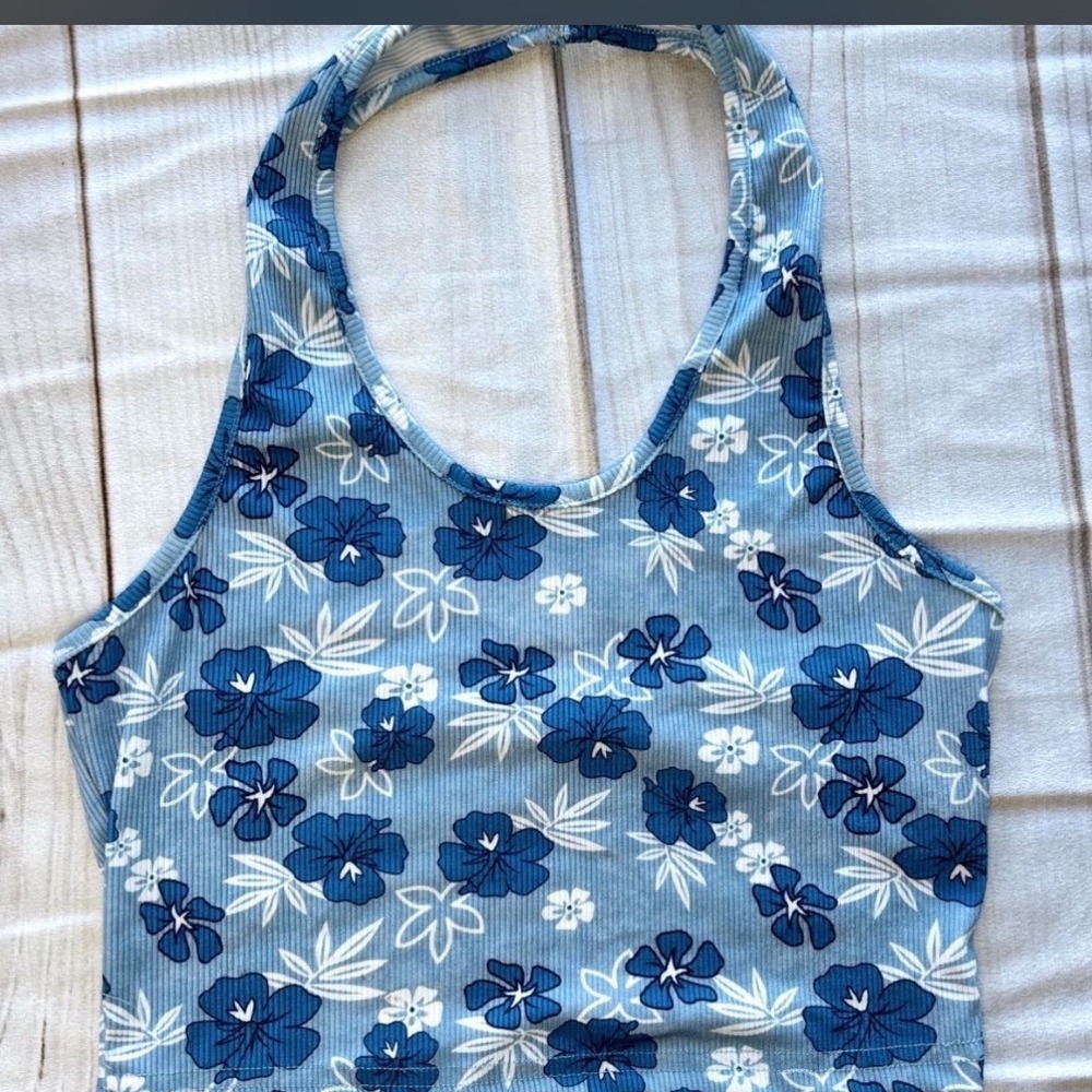 SHEIN Blue Floral Ribbed Halter Crop Top Tropical Hibiscus Print XS US 2
